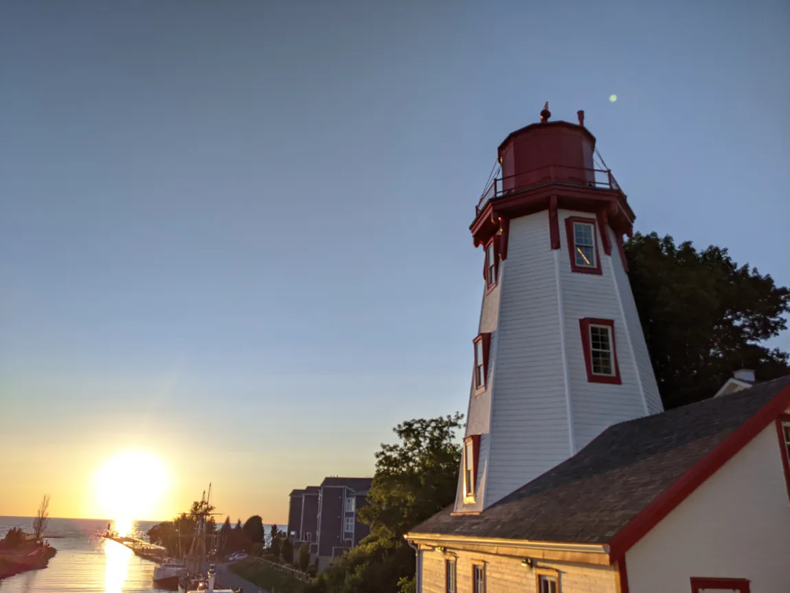 A view of the lighthouse in Kincardine at sunset.
