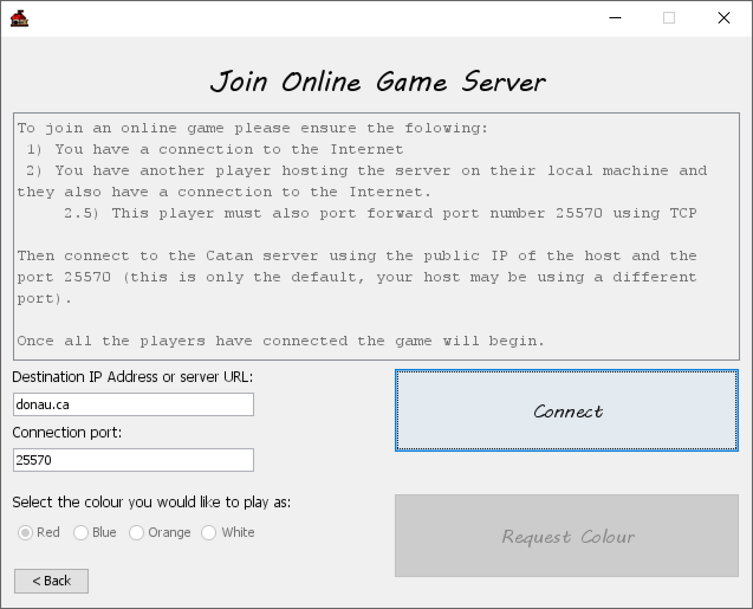 A screenshot of the old menu used to connect to an online game of catan.