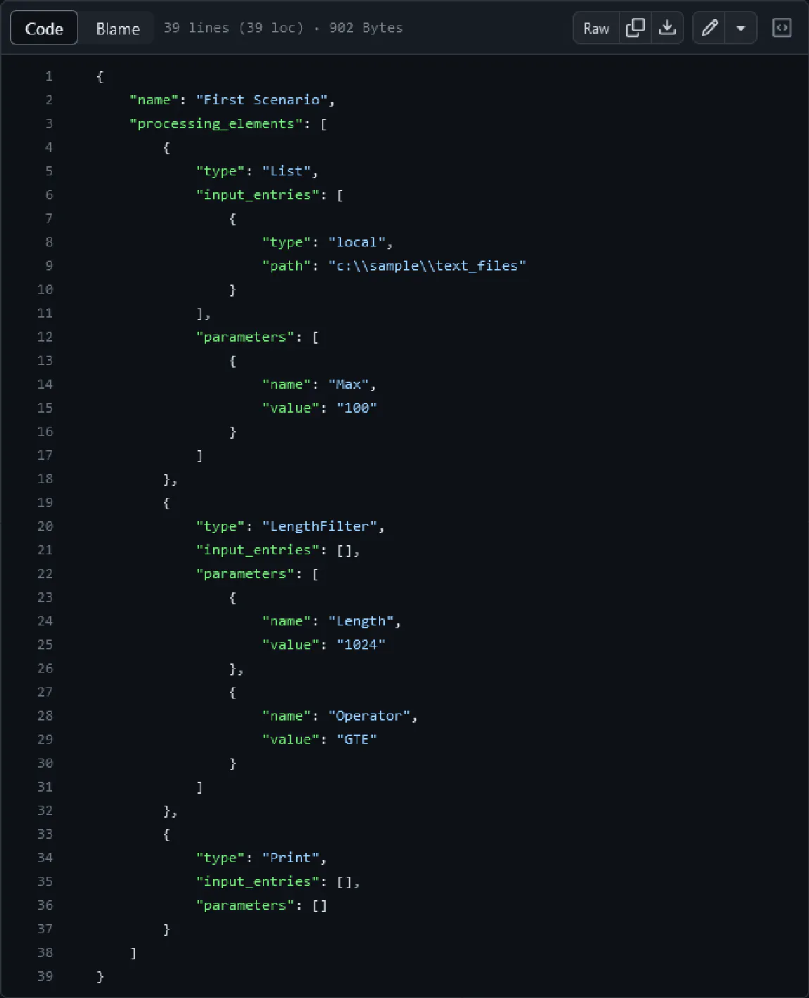 A screenshot of a .JSON file that could be used in the File Processor