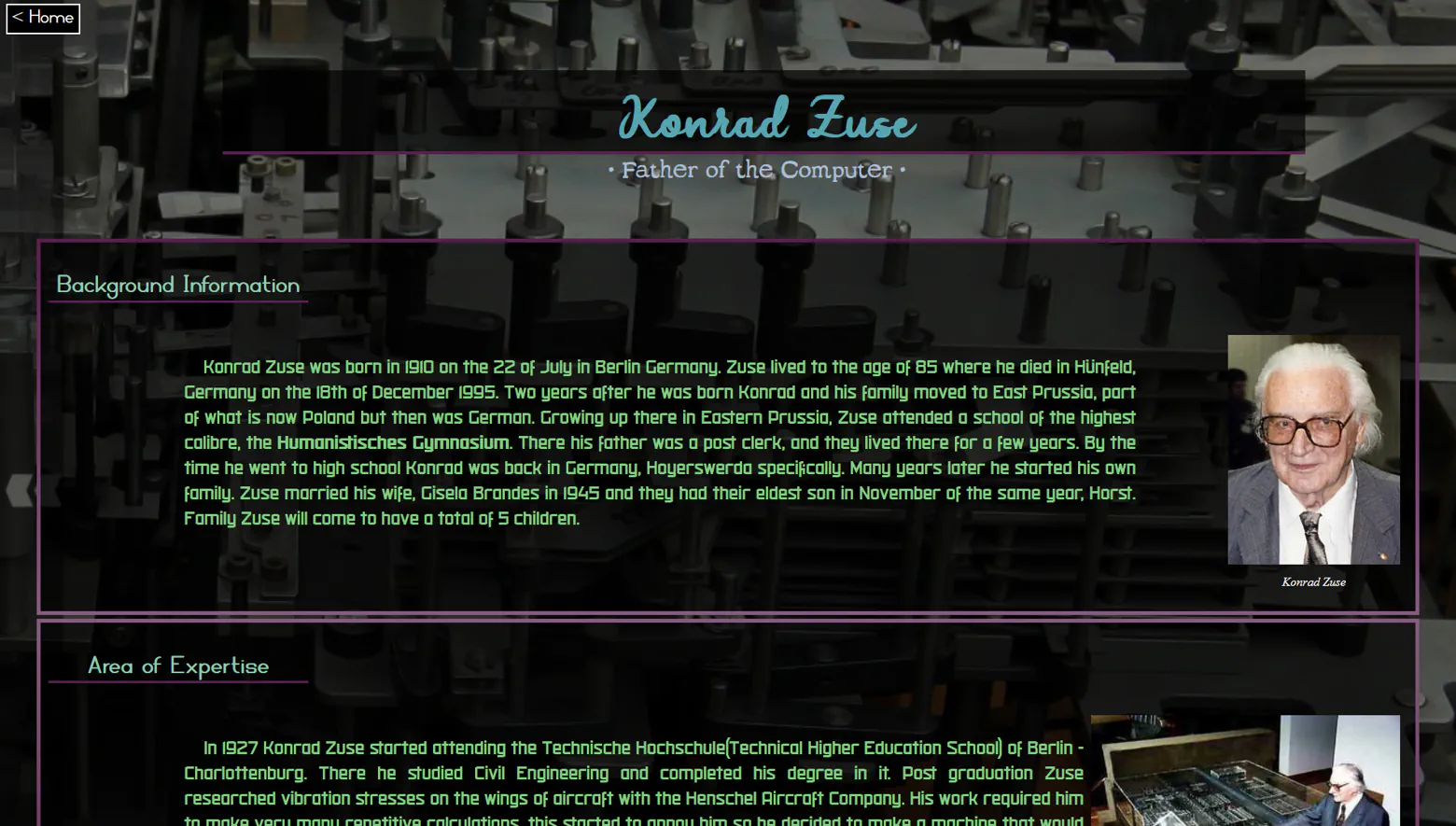 A screenshot of a portion of the Biography website I had made about Konrad Zuse